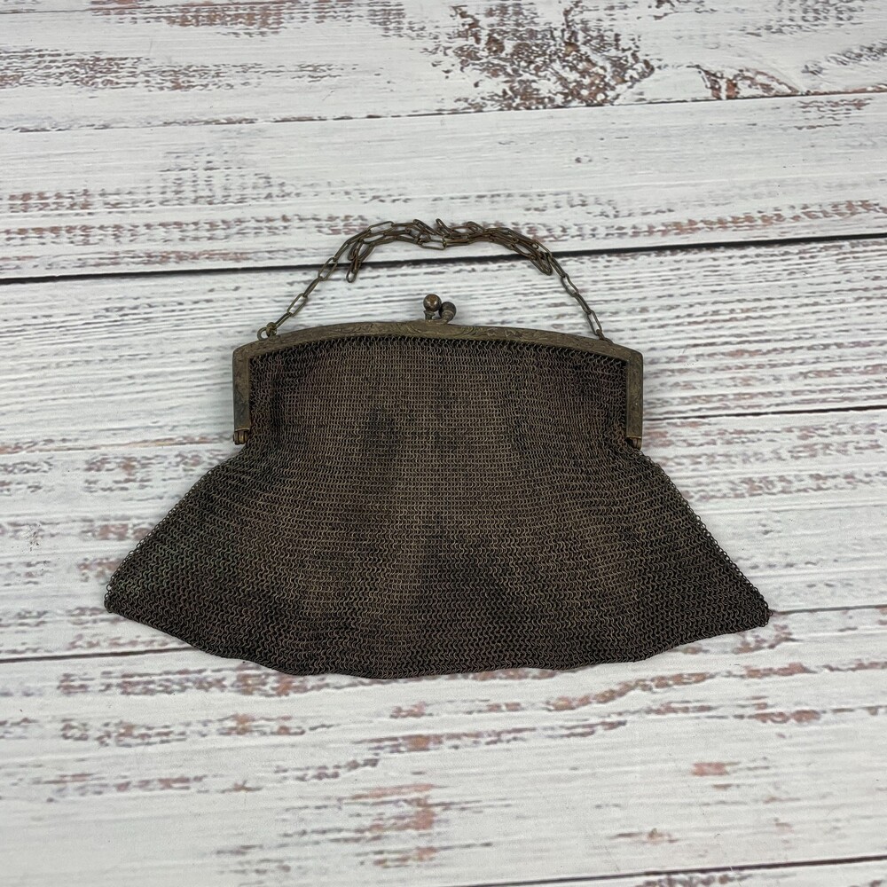 Antique German Silver Purse Mesh Chainmail Handbag Metal Frame Ball Fringe Bag V